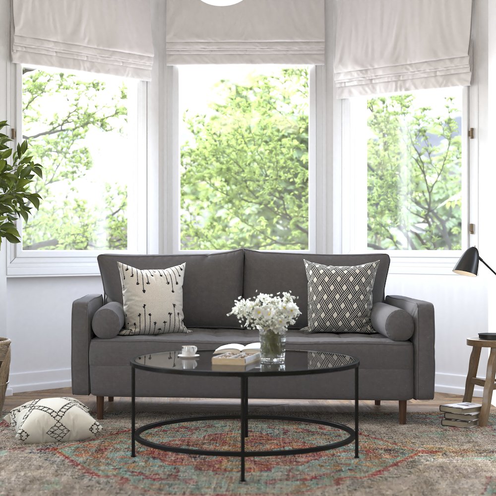 Mid-Century Sofa with Tufted Faux Linen Upholstery, Solid Wood Legs in Dark Gray