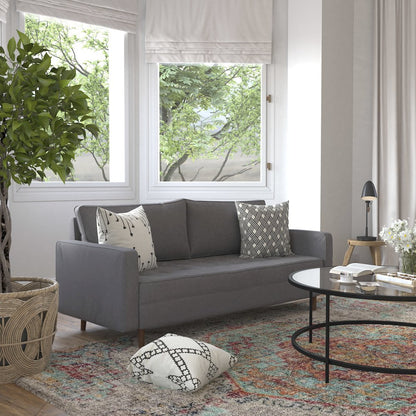Mid-Century Sofa with Tufted Faux Linen Upholstery, Solid Wood Legs in Dark Gray