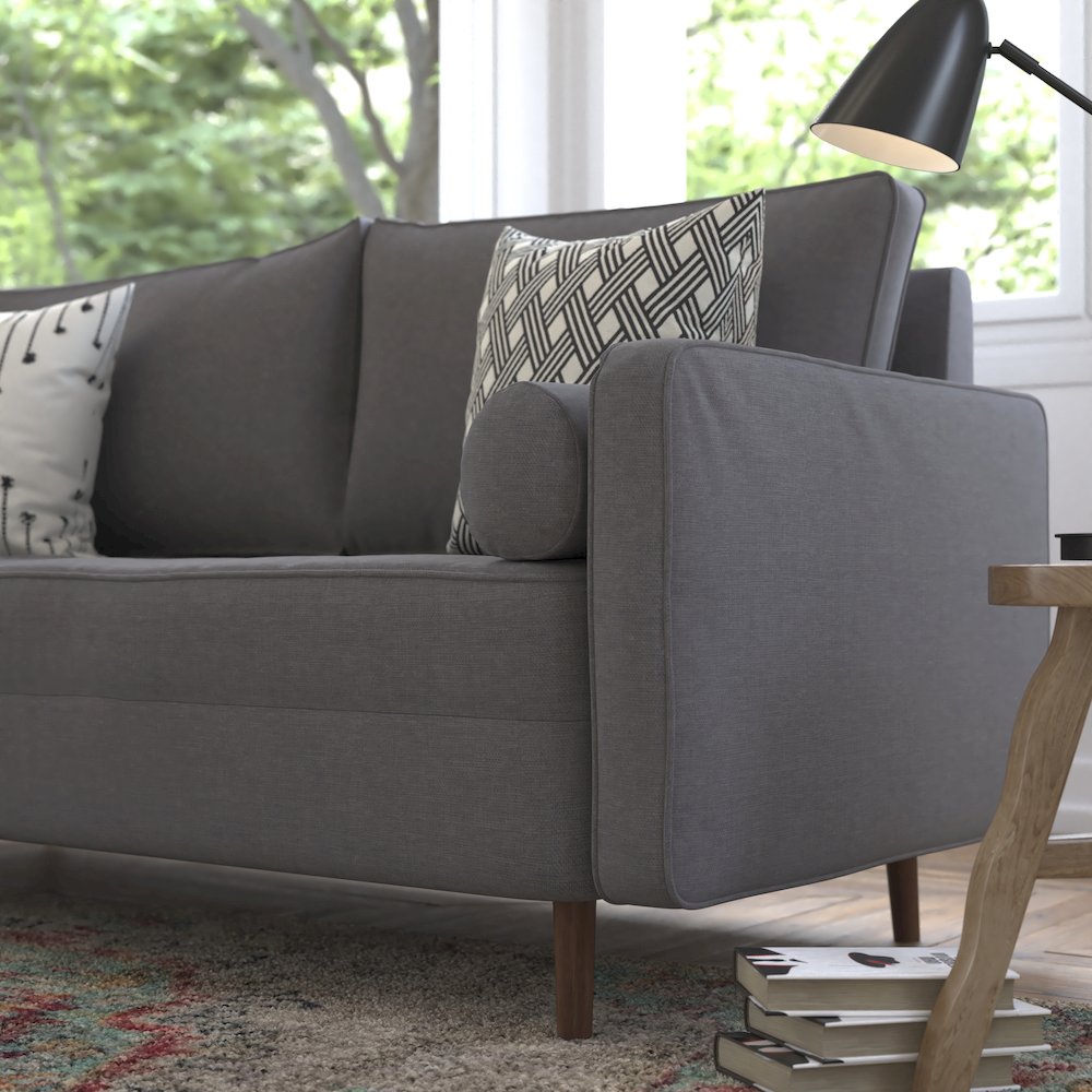 Mid-Century Sofa with Tufted Faux Linen Upholstery, Solid Wood Legs in Dark Gray