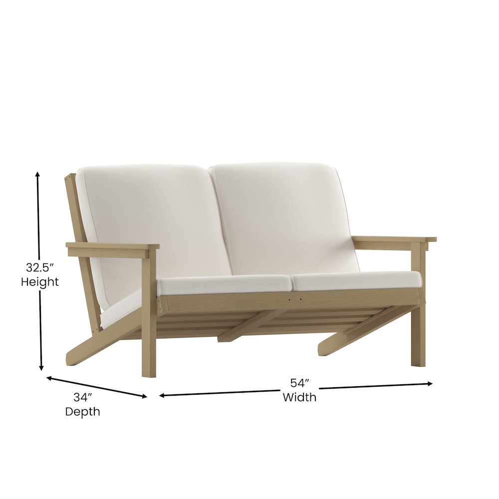 Adirondack Style Deep Seat Patio Loveseat with Cushions, Natural Cedar/Cream