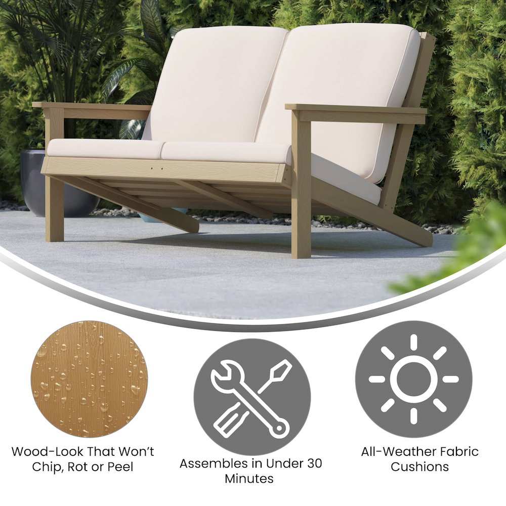 Adirondack Style Deep Seat Patio Loveseat with Cushions, Natural Cedar/Cream