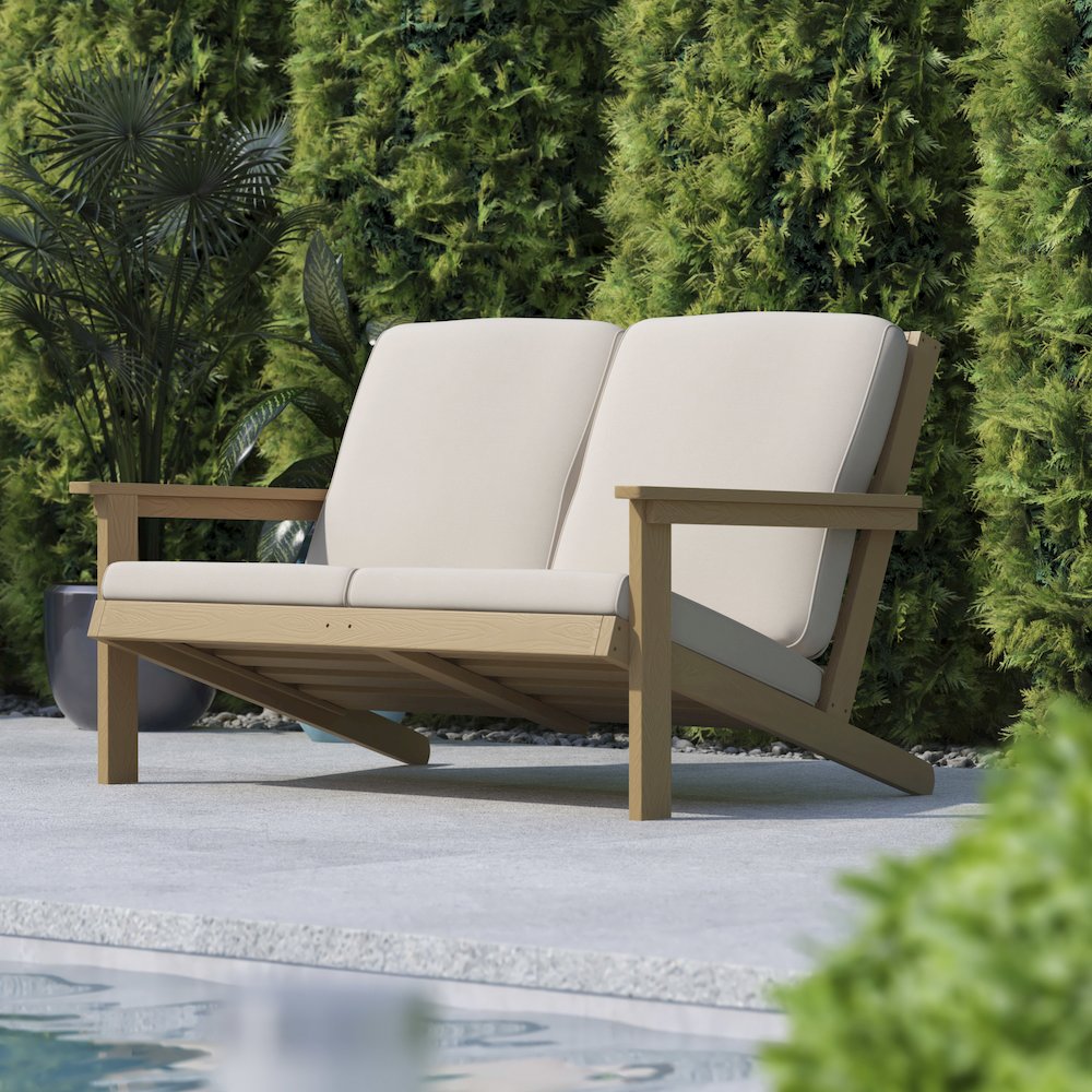 Adirondack Style Deep Seat Patio Loveseat with Cushions, Natural Cedar/Cream