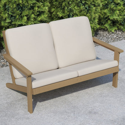 Adirondack Style Deep Seat Patio Loveseat with Cushions, Natural Cedar/Cream
