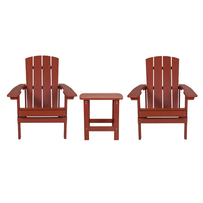 2 Pack All-Weather Poly Resin Wood Adirondack Chairs with Side Table in Red
