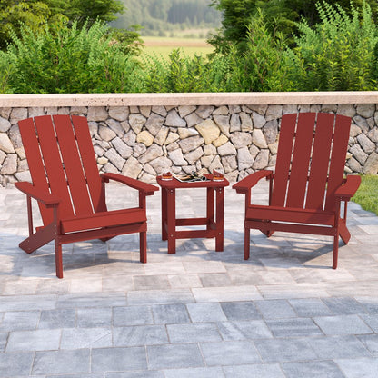 2 Pack All-Weather Poly Resin Wood Adirondack Chairs with Side Table in Red