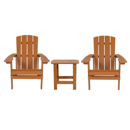2 Pack All-Weather Poly Resin Wood Adirondack Chairs with Side Table in Teak