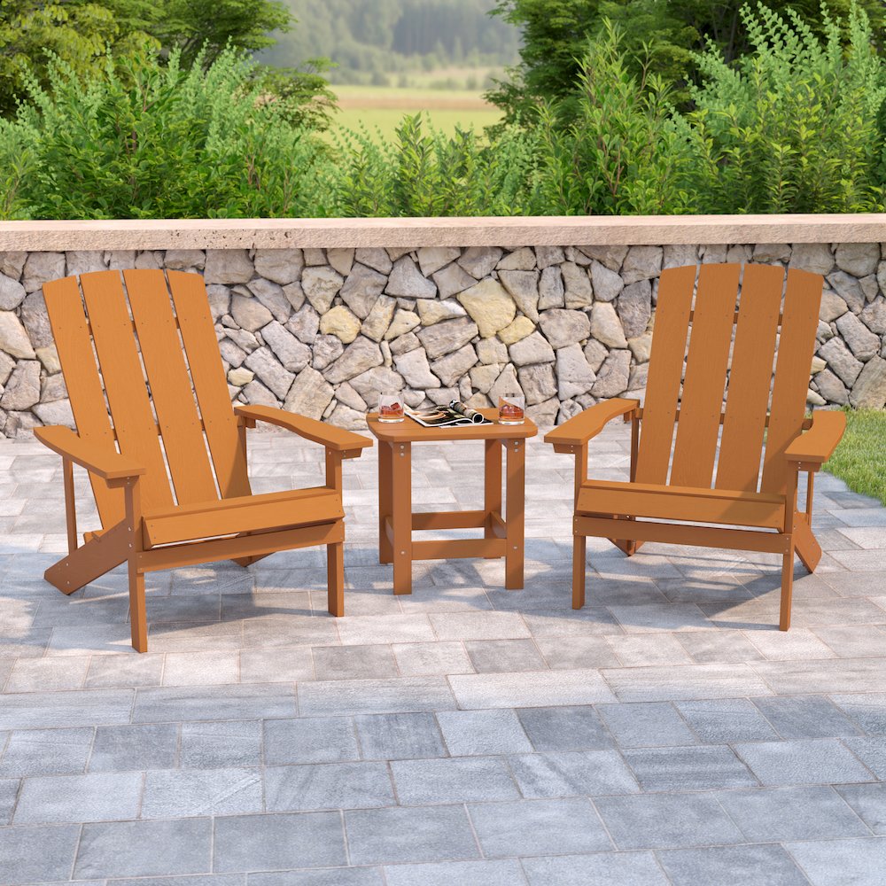 2 Pack All-Weather Poly Resin Wood Adirondack Chairs with Side Table in Teak