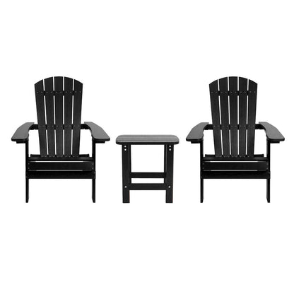2 Pack All-Weather Poly Resin Folding Adirondack Chairs with Side Table in Black