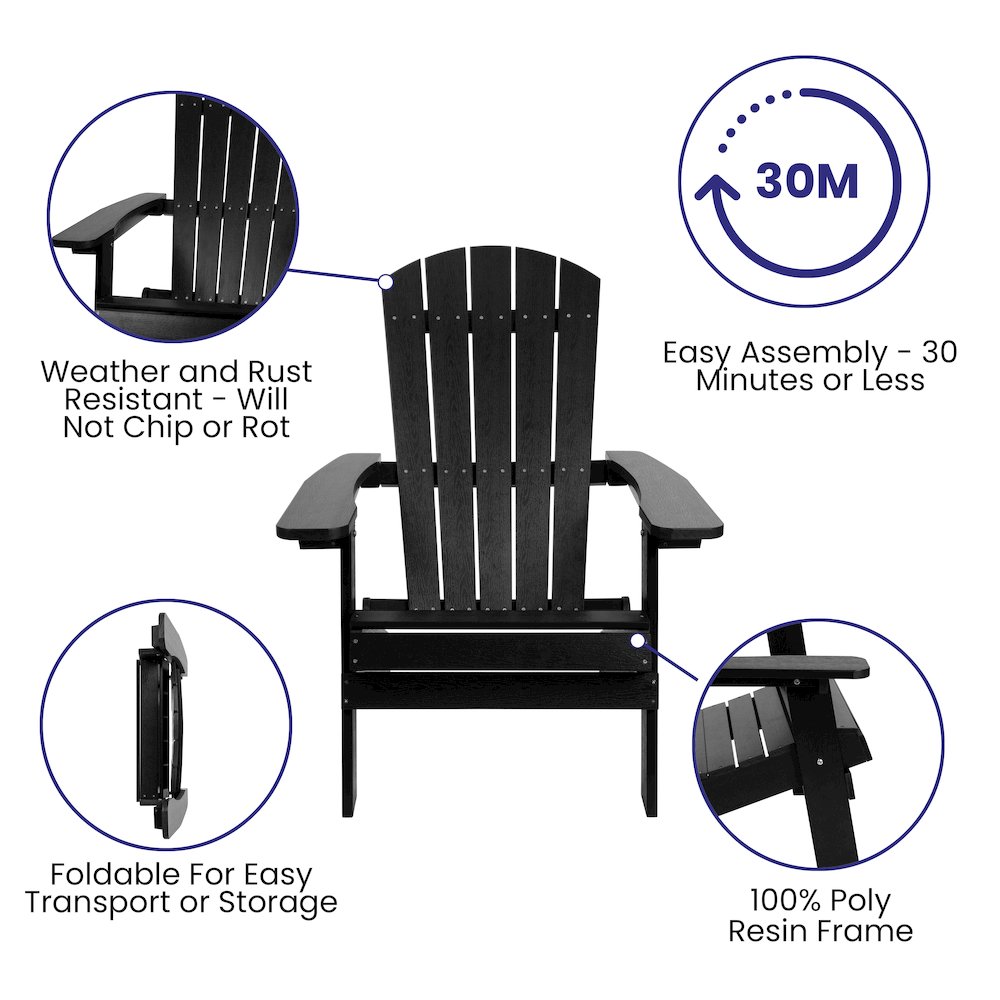 2 Pack All-Weather Poly Resin Folding Adirondack Chairs with Side Table in Black