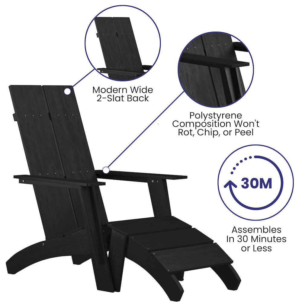 Modern All-Weather Poly Resin Wood Adirondack Chair with Foot Rest in Black