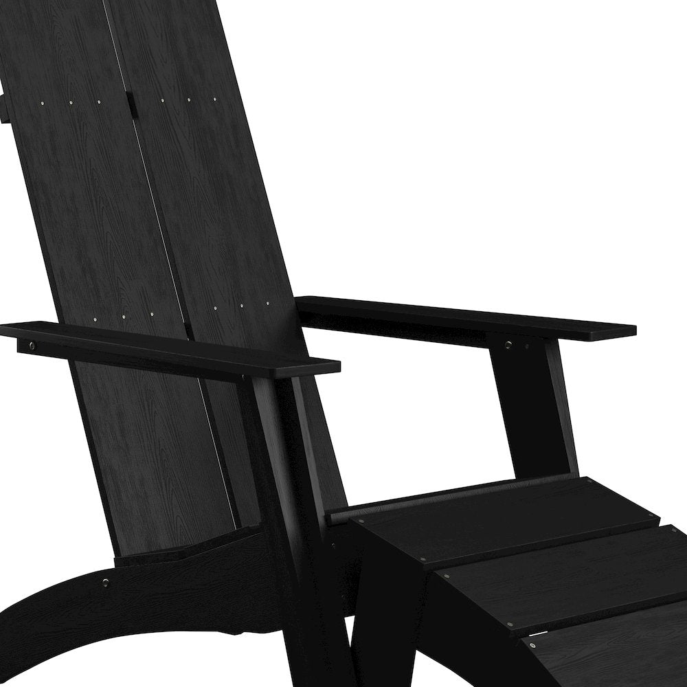 Modern All-Weather Poly Resin Wood Adirondack Chair with Foot Rest in Black