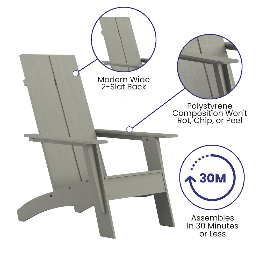 Modern Commercial All-Weather Poly Resin Wood Adirondack Chair in Gray