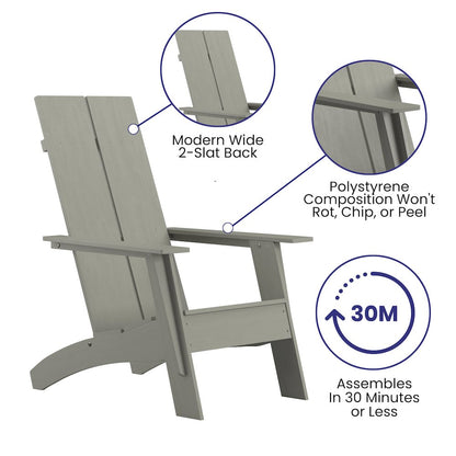 Modern Commercial All-Weather Poly Resin Wood Adirondack Chair in Gray