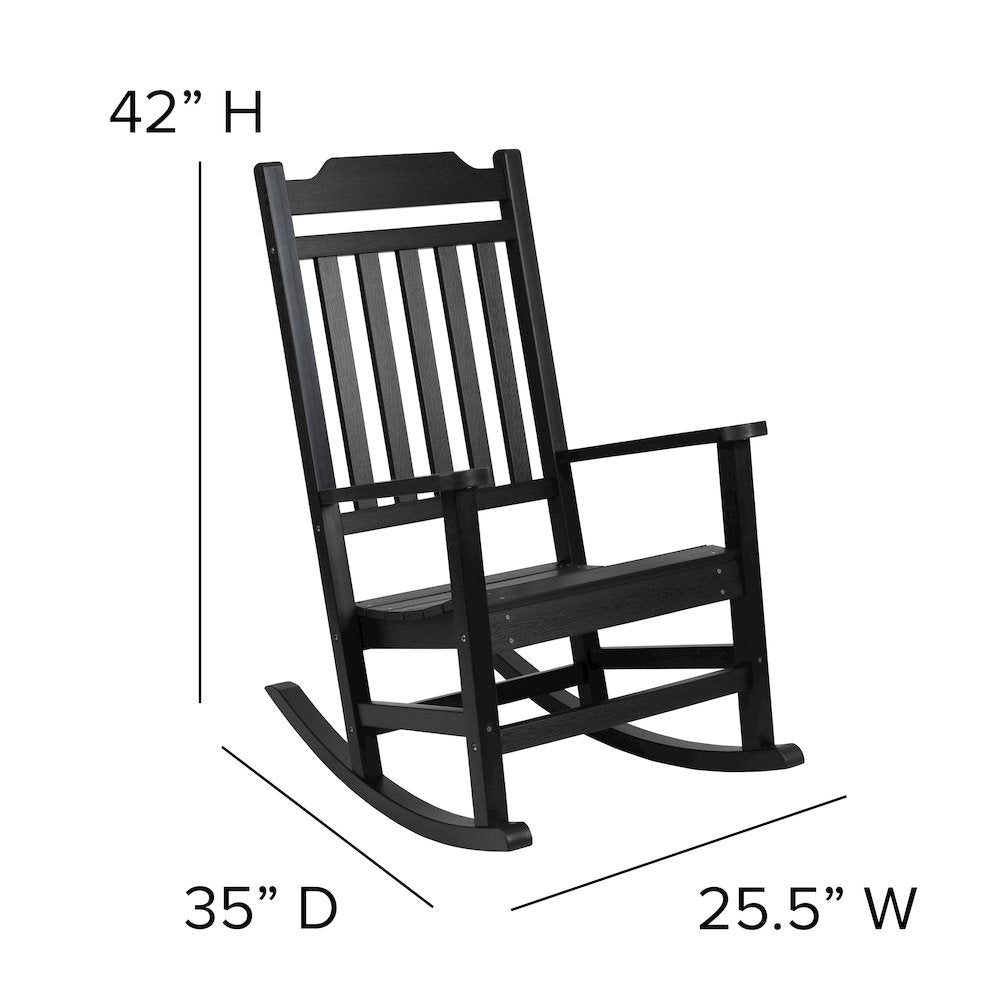 Set of 2 All-Weather Poly Resin Rocking Chairs with Accent Side Table in Black