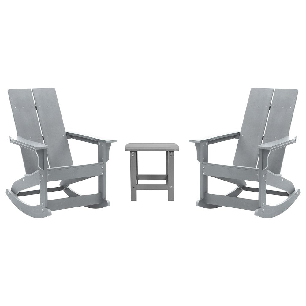 Set of 2 Gray 2-Slat Rocking Adirondack Chairs with Matching Side Table