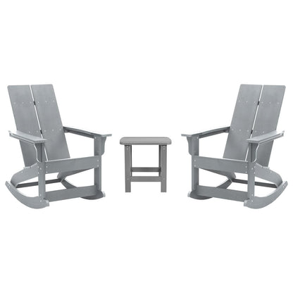 Set of 2 Gray 2-Slat Rocking Adirondack Chairs with Matching Side Table