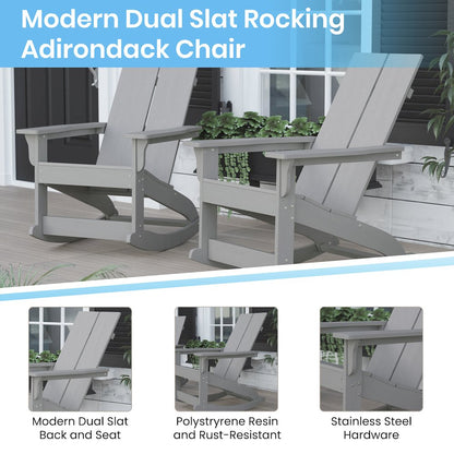 Set of 2 Gray 2-Slat Rocking Adirondack Chairs with Matching Side Table