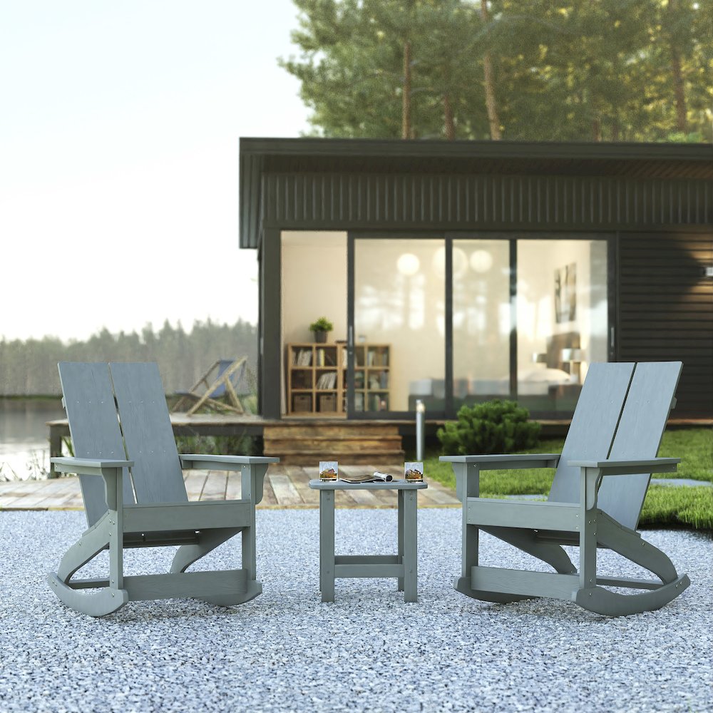 Set of 2 Gray 2-Slat Rocking Adirondack Chairs with Matching Side Table