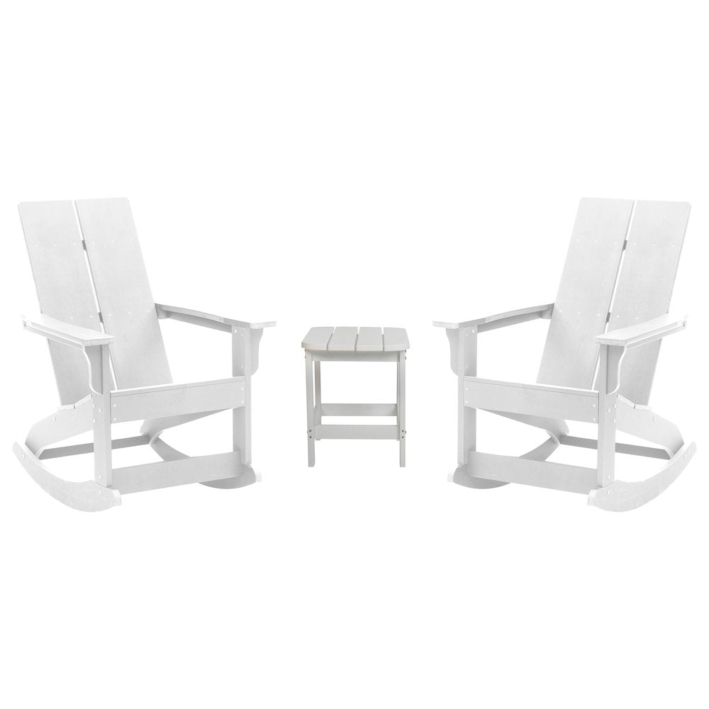 Set of 2 White 2-Slat Rocking Adirondack Chairs with Matching Side Table