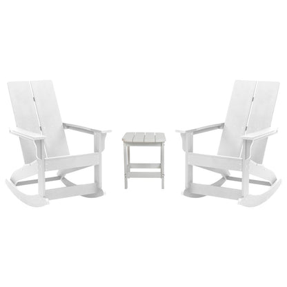 Set of 2 White 2-Slat Rocking Adirondack Chairs with Matching Side Table