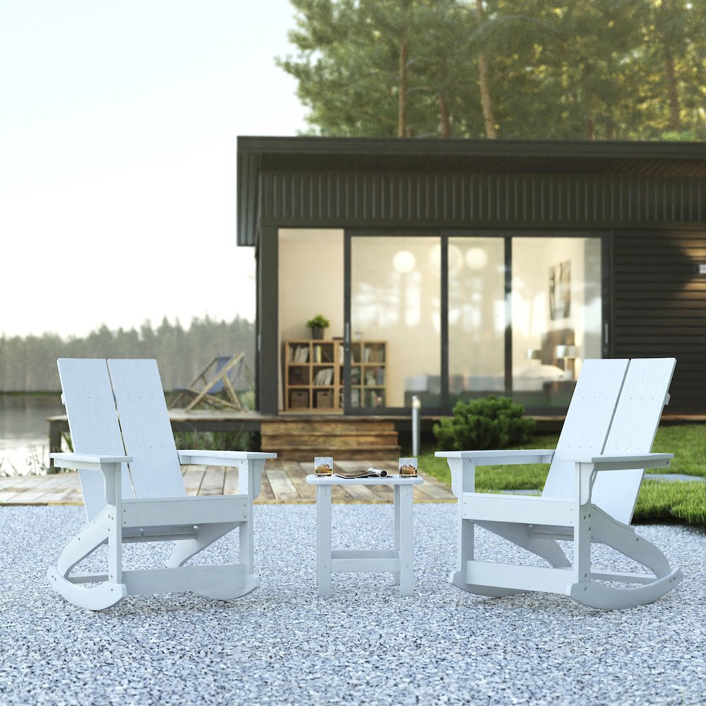 Set of 2 White 2-Slat Rocking Adirondack Chairs with Matching Side Table