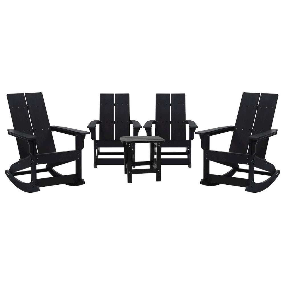 Set of 4 Black 2-Slat Rocking Adirondack Chairs with Matching Side Table