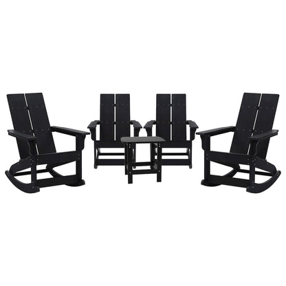 Set of 4 Black 2-Slat Rocking Adirondack Chairs with Matching Side Table