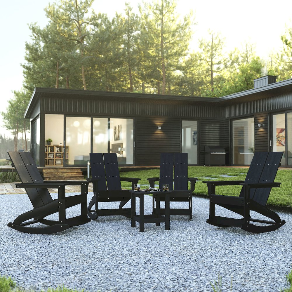 Set of 4 Black 2-Slat Rocking Adirondack Chairs with Matching Side Table
