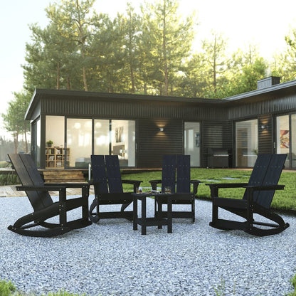 Set of 4 Black 2-Slat Rocking Adirondack Chairs with Matching Side Table