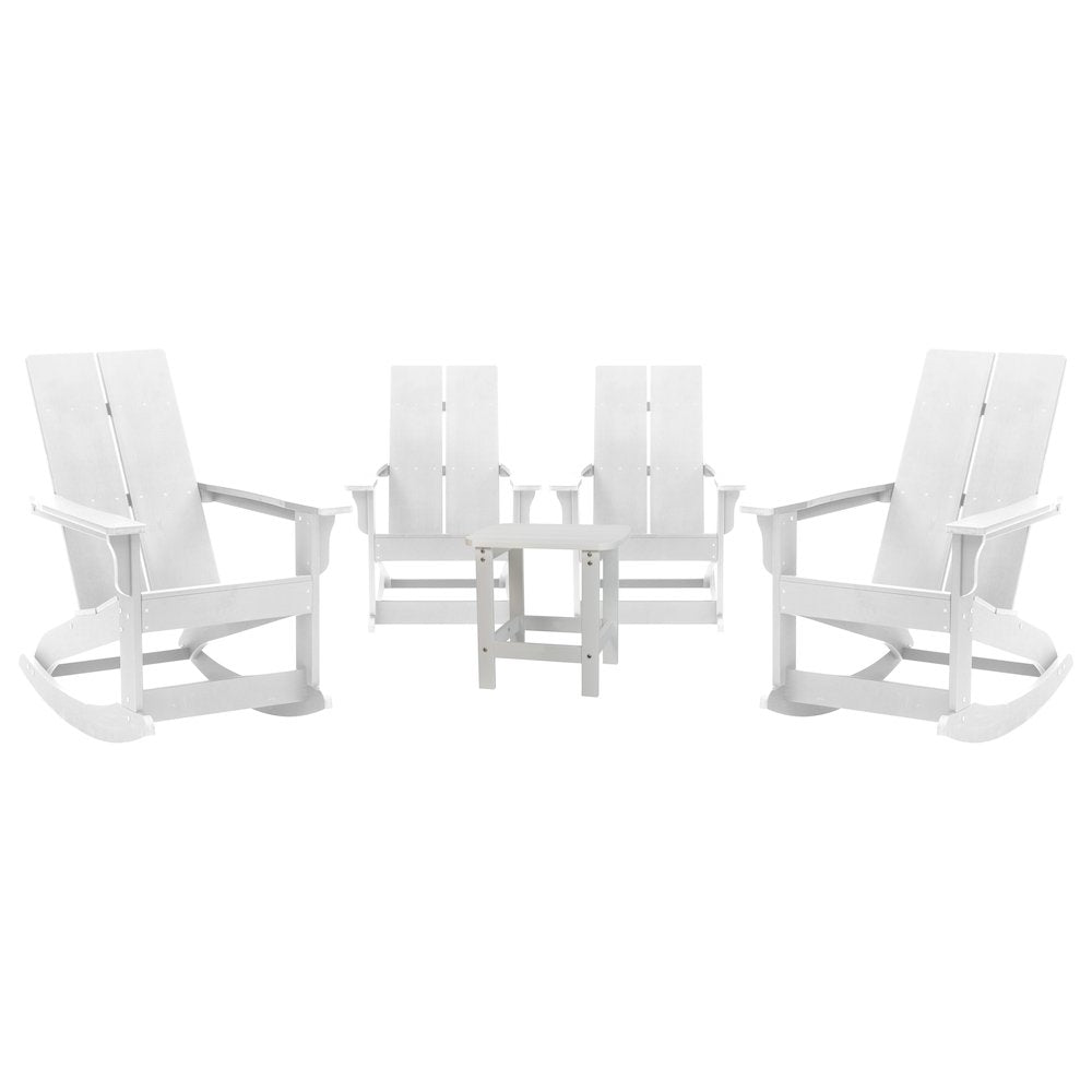 Set of 4 White 2-Slat Rocking Adirondack Chairs with Matching Side Table
