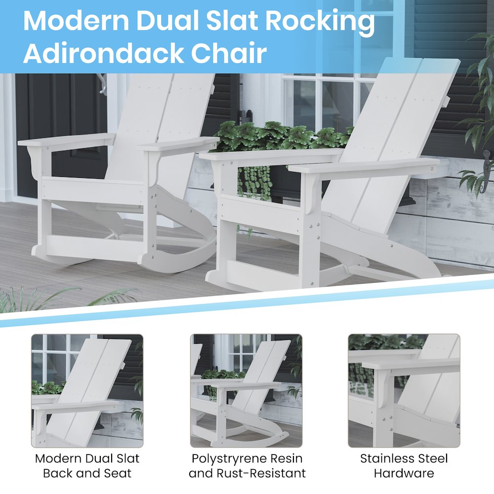 Set of 4 White 2-Slat Rocking Adirondack Chairs with Matching Side Table