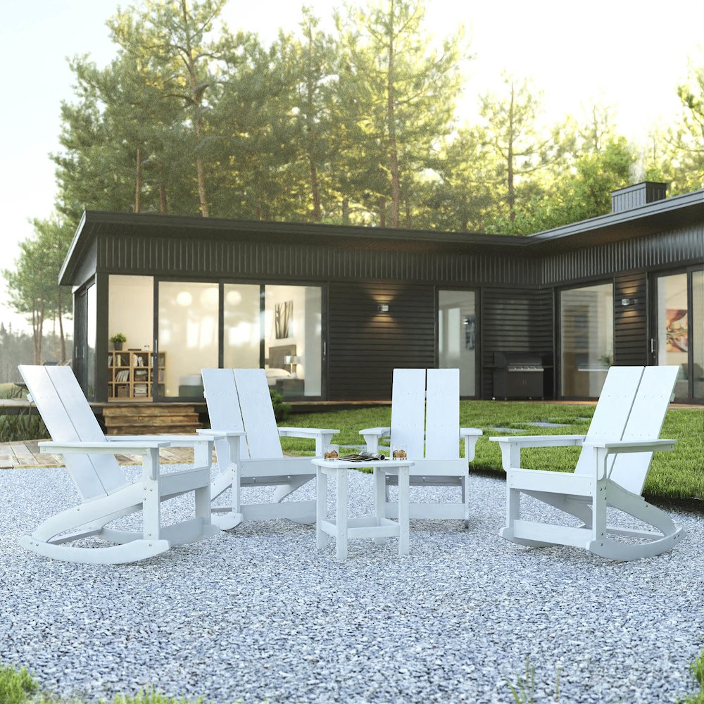 Set of 4 White 2-Slat Rocking Adirondack Chairs with Matching Side Table
