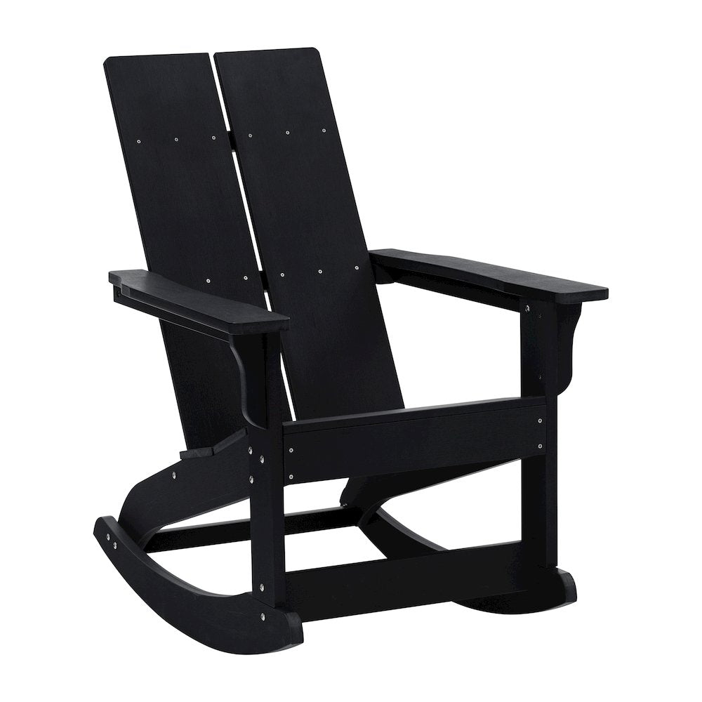All-Weather 2-Slat Poly Resin Wood Rocking Adirondack Chair in Black