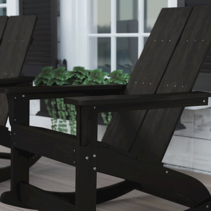 All-Weather 2-Slat Poly Resin Wood Rocking Adirondack Chair in Black