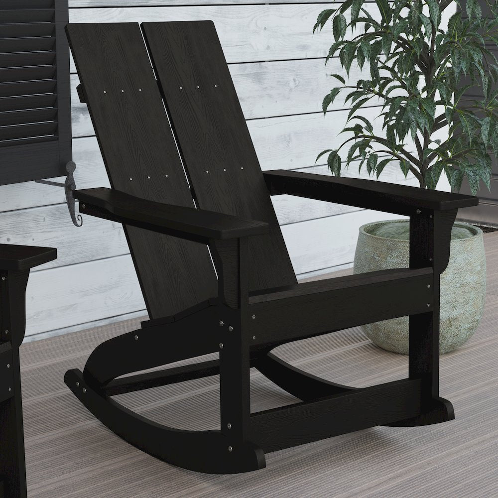 All-Weather 2-Slat Poly Resin Wood Rocking Adirondack Chair in Black