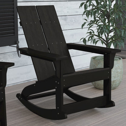 All-Weather 2-Slat Poly Resin Wood Rocking Adirondack Chair in Black