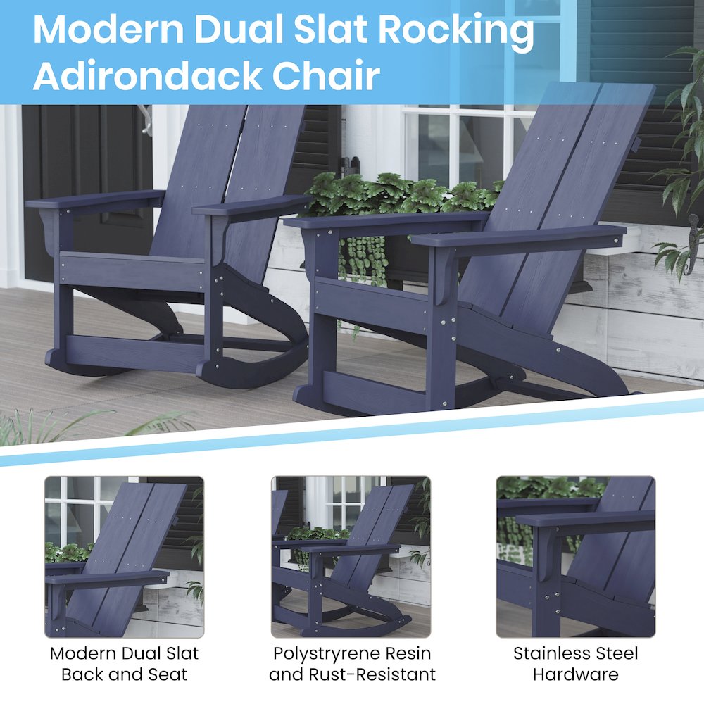 All-Weather 2-Slat Poly Resin Wood Rocking Adirondack Chair in Navy