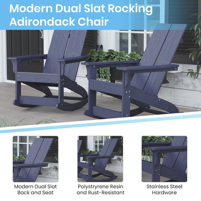 All-Weather 2-Slat Poly Resin Wood Rocking Adirondack Chair in Navy