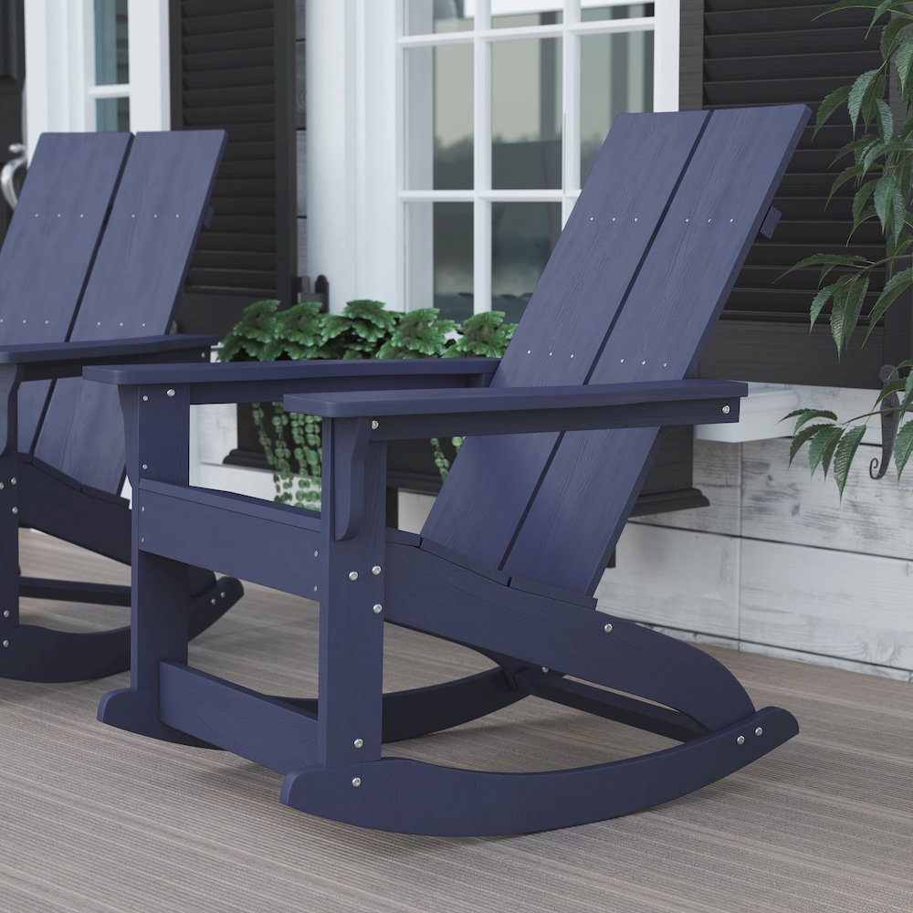 All-Weather 2-Slat Poly Resin Wood Rocking Adirondack Chair in Navy