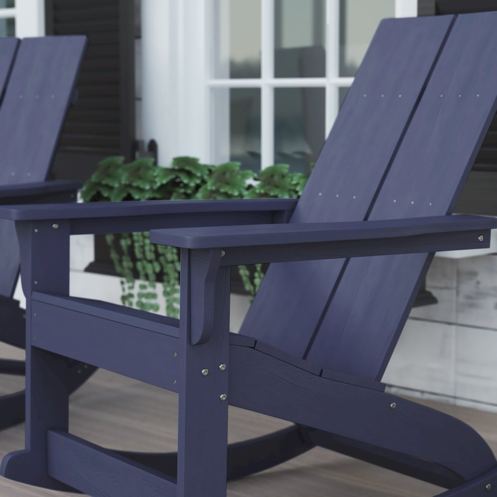 All-Weather 2-Slat Poly Resin Wood Rocking Adirondack Chair in Navy