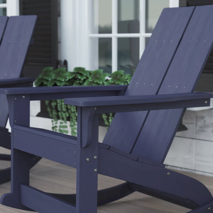 All-Weather 2-Slat Poly Resin Wood Rocking Adirondack Chair in Navy