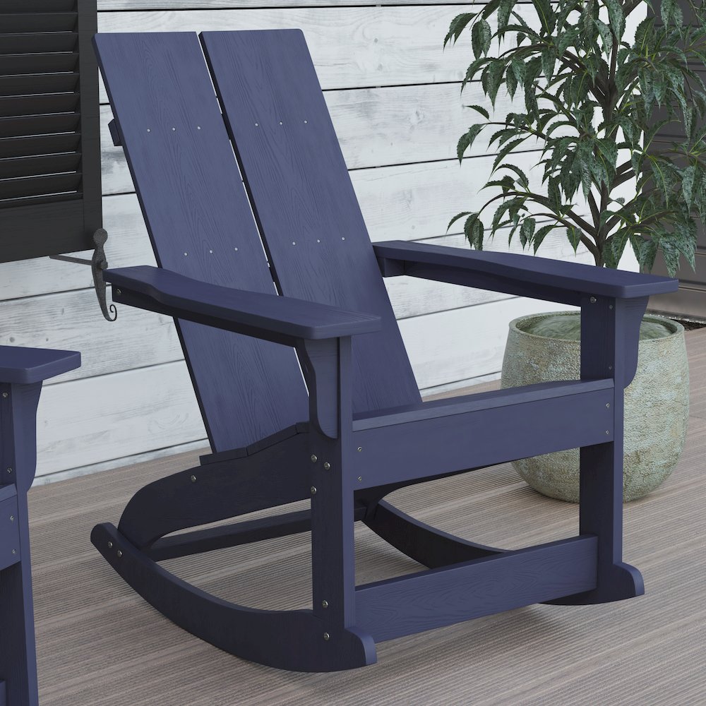 All-Weather 2-Slat Poly Resin Wood Rocking Adirondack Chair in Navy
