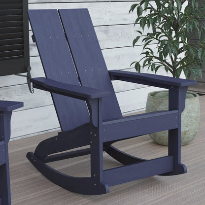 All-Weather 2-Slat Poly Resin Wood Rocking Adirondack Chair in Navy