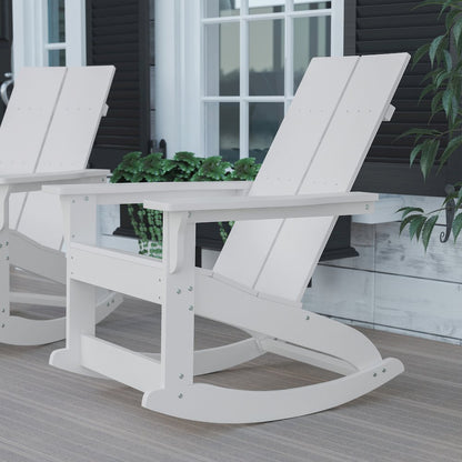 All-Weather 2-Slat Poly Resin Wood Rocking Adirondack Chair in White