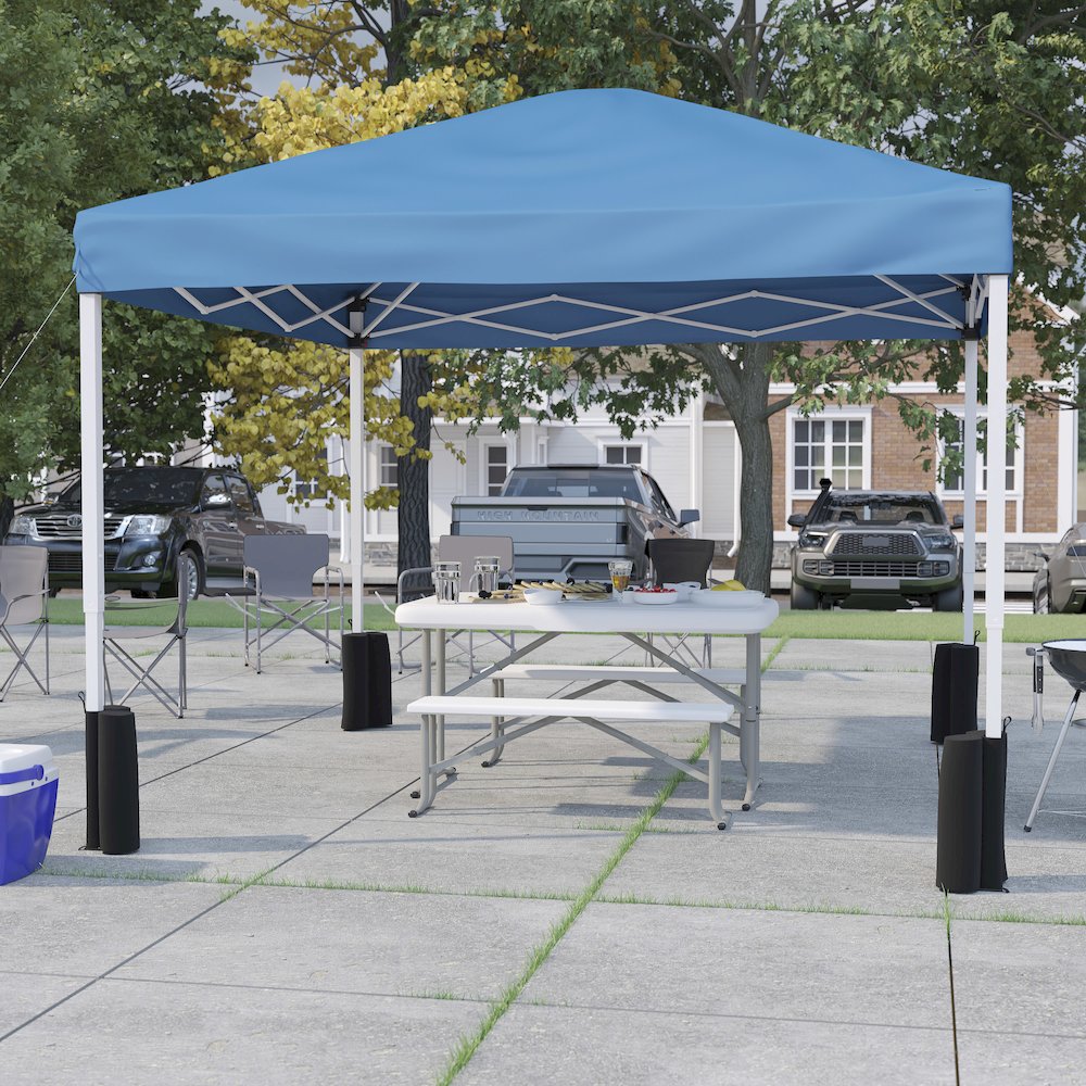 10'x10' Blue Canopy Tent with Wheeled Case and Folding Bench Set