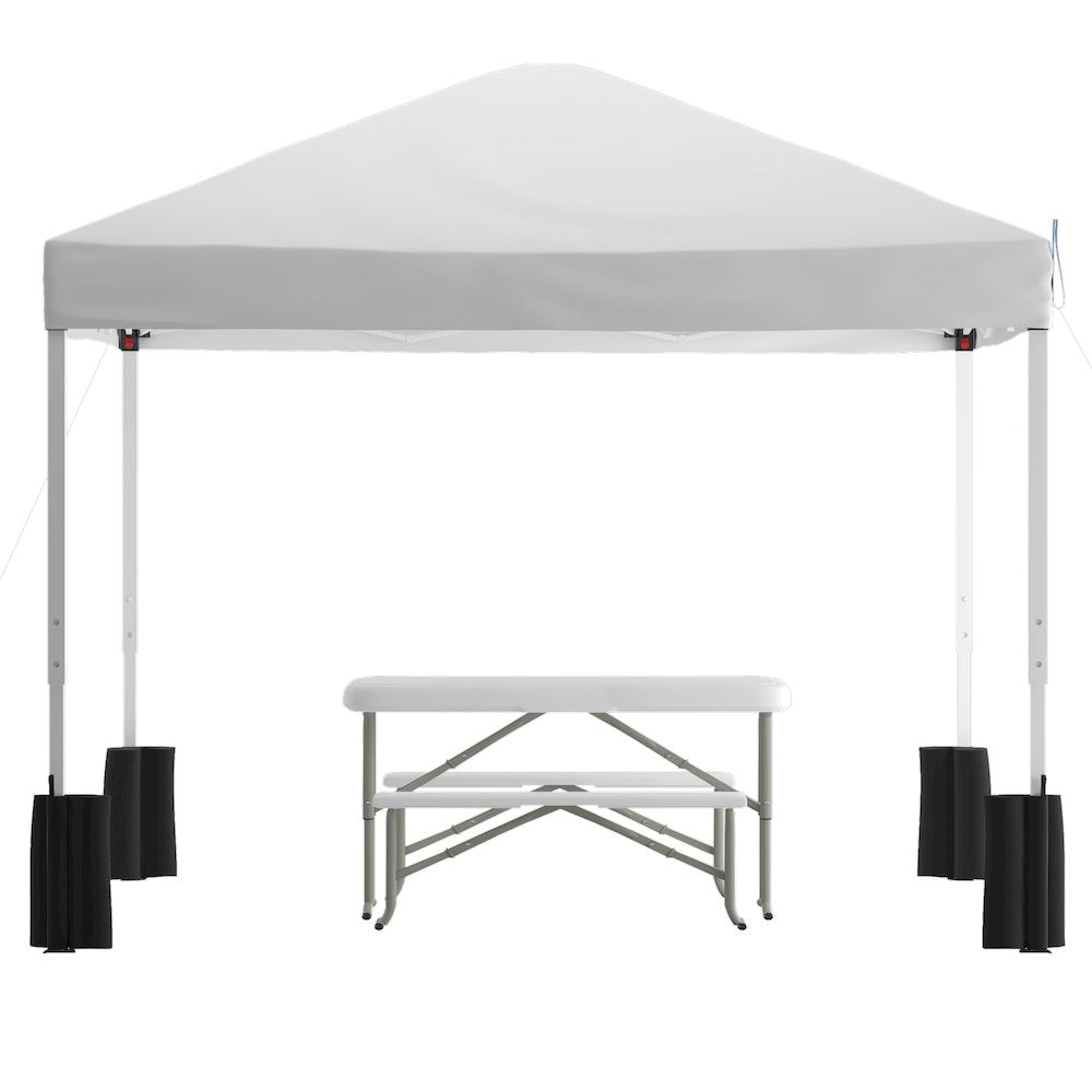 10'x10' White Event Canopy Tent with Wheeled Case and Folding Bench Set