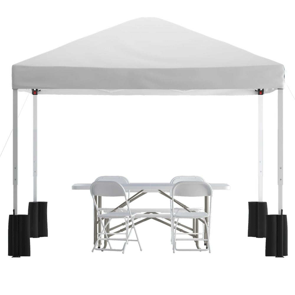 Tent Set-10'x10' Wheeled White Canopy Tent, 6-Foot Table, 4 White Folding Chairs