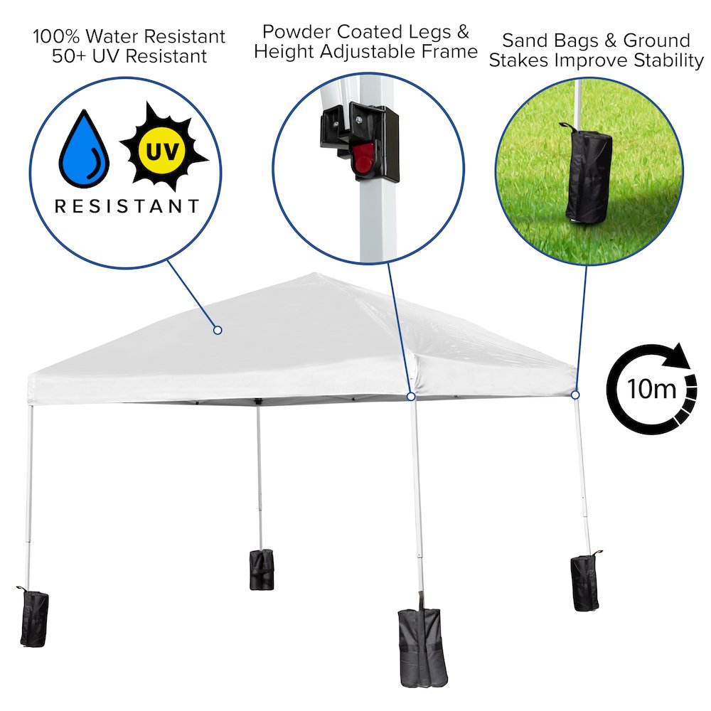 Tent Set-10'x10' Wheeled White Canopy Tent, 6-Foot Table, 4 White Folding Chairs