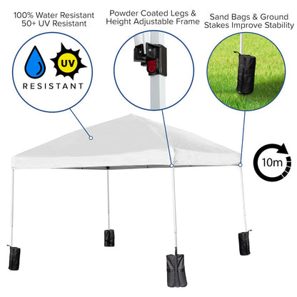 Tent Set-10'x10' Wheeled White Canopy Tent, 6-Foot Table, 4 White Folding Chairs