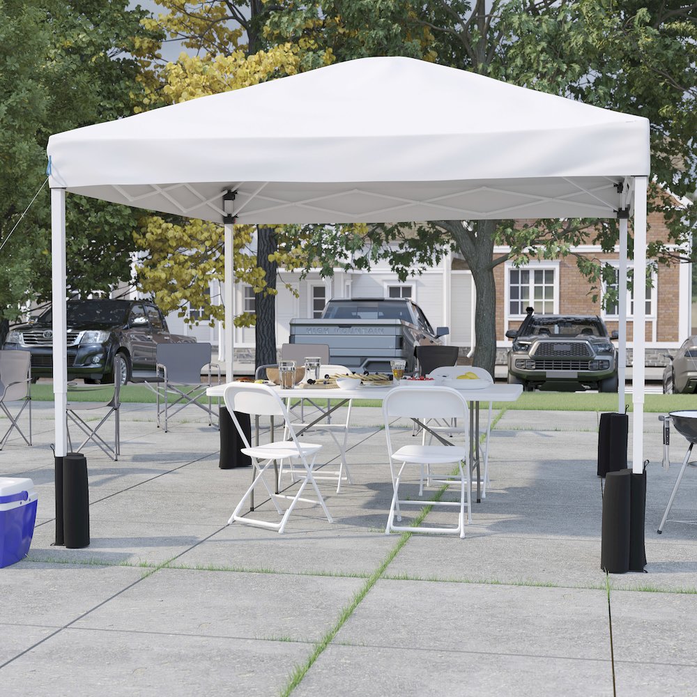 Tent Set-10'x10' Wheeled White Canopy Tent, 6-Foot Table, 4 White Folding Chairs